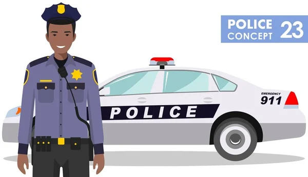 Concepto policial. Ilustración detallada del policía afroamericano y el coche en estilo plano sobre fondo blanco. Ilustración vectorial . — Archivo Imágenes Vectoriales