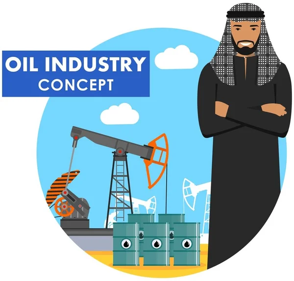 Ölindustrie-Konzept. Detaillierte Illustration arabischer muslimischer Geschäftsleute im Hintergrund mit Ölpumpe und Fässern mit flachem Treibstoff auf weißem Hintergrund. Vektorillustration. — Stockvektor