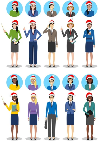 Christmas business team. Set of detailed illustration of business women in Santa Claus hats in flat style on white background. Different characters avatars icons set. Flat design people characters. — Stock Vector