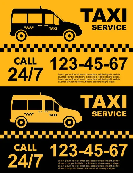 Conception de service de taxi sur fond jaune et noir. Silhouette de voiture. Illustration vectorielle plate. Bannière, affiche ou dépliant . — Image vectorielle