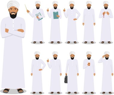 İş kavramı. Beyaz arka plan üzerinde izole düz stil farklı pozisyonlarda ayakta Müslüman ya da Hintli işadamı detaylı Illustration. Vektör çizim.