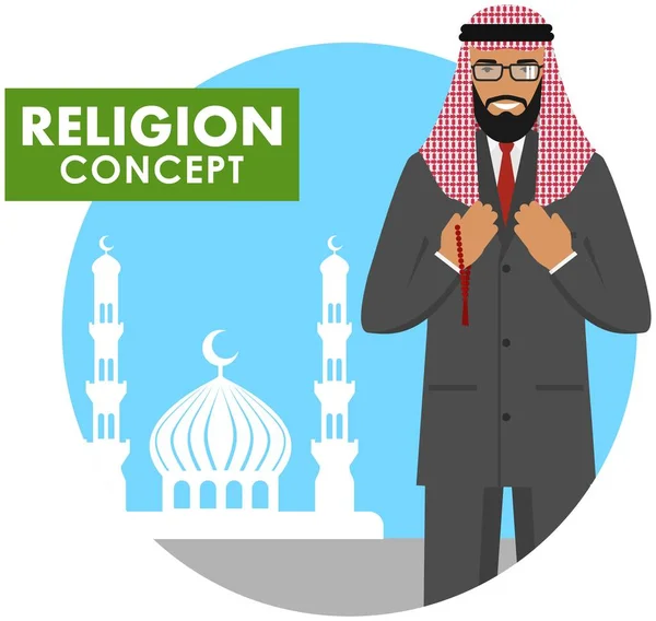 Prayer time. Religion concept. Muslim person with beads in hands pray standing on the background silhouette of mosque and minarets. Arabic man pray. Vector illustration. — Stock Vector