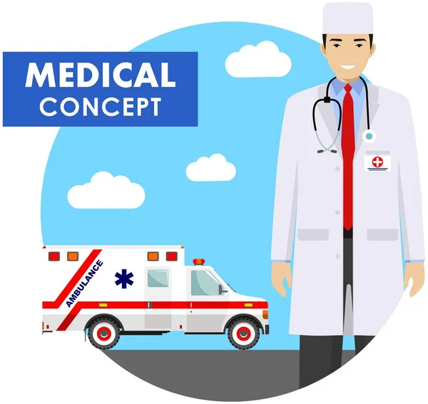 Concept médical. Illustration détaillée du médecin urgentiste en uniforme sur fond avec ambulance en style plat. Illustration vectorielle . — Image vectorielle