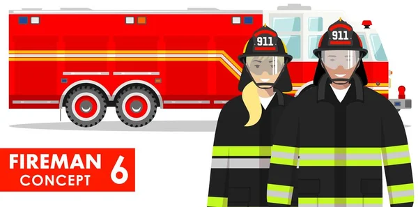 Conceito de bombeiro. Ilustração detalhada de bombeiro e bombeiro em uniforme de pé juntos perto de caminhão de bombeiros em estilo plano no fundo branco. Ilustração vetorial . —  Vetores de Stock