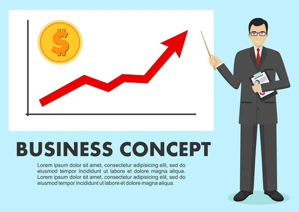 Business concept. Businessman near whiteboard and pointing on the chart of finance analytics. Graph with trend line rising up and coin with a sign of dollar in flat style isolated. Vector illustration — Stock Vector