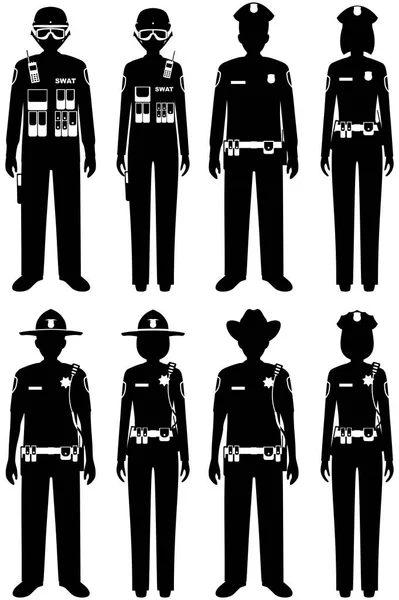 Concepto de policía. Conjunto de diferentes siluetas de oficial SWAT, policía, mujer policía y sheriff en estilo plano sobre fondo blanco. Ilustración vectorial . — Vector de stock