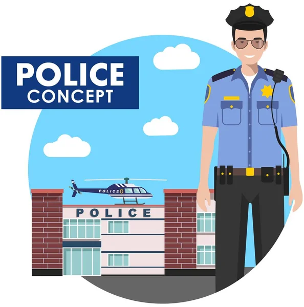 Policeman concept. Detailed illustration of standing police officer in uniform on background with police department and helicopter in flat style. Vector illustration. — Stock Vector