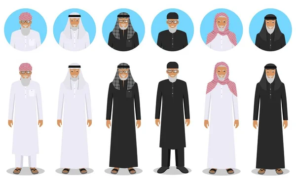 Ensemble de différents vieillards arabes debout dans les vêtements arabes musulmans traditionnels dans un style plat. Musulman, vêtements arabes, robe arabe orientale. Différences personnages islamiques avatars icônes. Vecteur — Image vectorielle