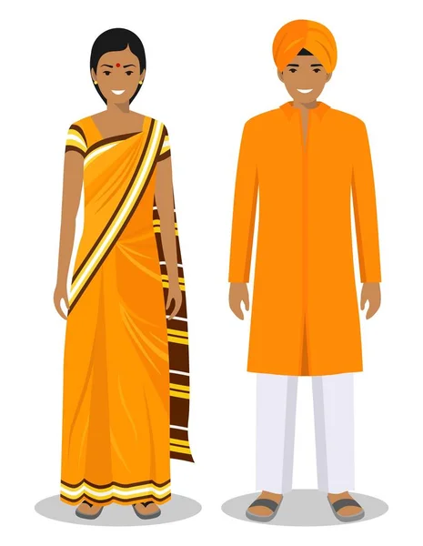 Sada stáli indické muž a žena v tradičním oblečení izolovaných na bílém pozadí v plochý. Rozdíly lidí na východě šaty. Vektorové ilustrace. — Stockový vektor