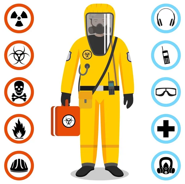 Industry concept. Detailed illustration of worker in yellow protective suit. Safety and health vector icons. Set of signs: chemical, radioactive, dangerous, toxic, poisonous, hazardous substances. — Stock Vector