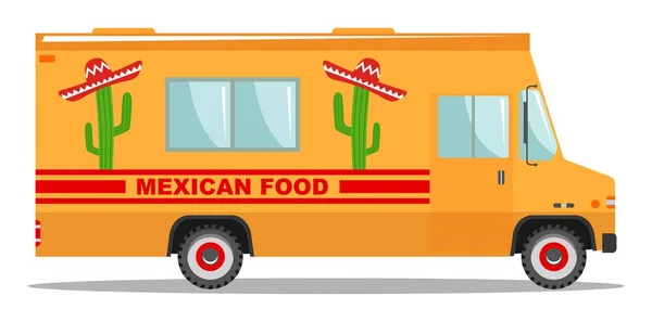 Diseño plano vector de dibujos animados ilustración colorida de camión de comida. Cocina tradicional mexicana callejera. Auto restaurante, cocina móvil, comida rápida caliente, comida picante. Burrito, taco, nacho . — Vector de stock