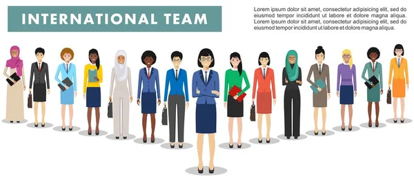 Group of business women standing together on white background in flat style. Business team and teamwork concept. Different nationalities and dress styles. Flat design people characters. — Stock Vector