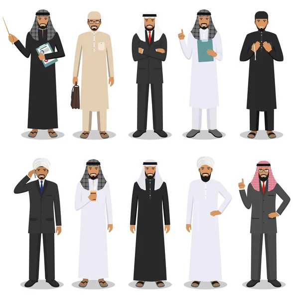 Obchodní koncept. Detailní ilustrace různých muslimských nebo indické podnikatelů stojící v různých pozicích v plochý izolovaných na bílém pozadí. Vektorové ilustrace. — Stockový vektor