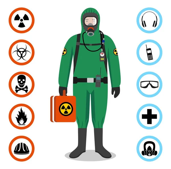 Concepto industrial. Ilustración detallada del trabajador en traje protector verde. Iconos vectoriales de seguridad y salud. Conjunto de signos: sustancias químicas, radiactivas, peligrosas, tóxicas, venenosas y peligrosas . — Archivo Imágenes Vectoriales