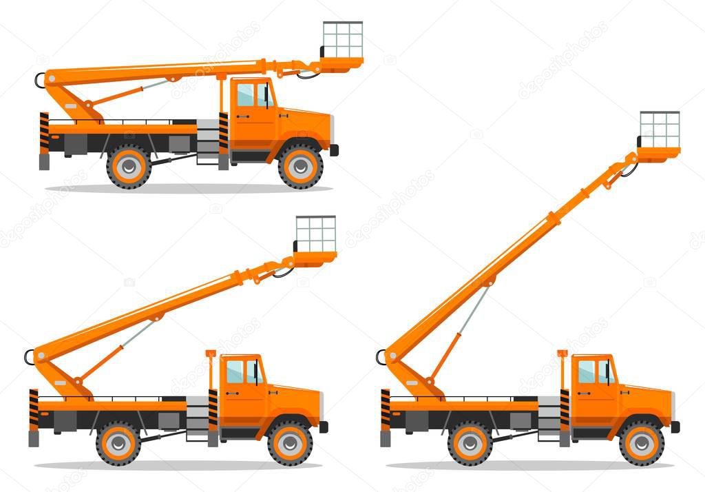 Aerial platform truck with different boom position. Heavy construction machine. Building machinery. Special equipment. Vector illustration.