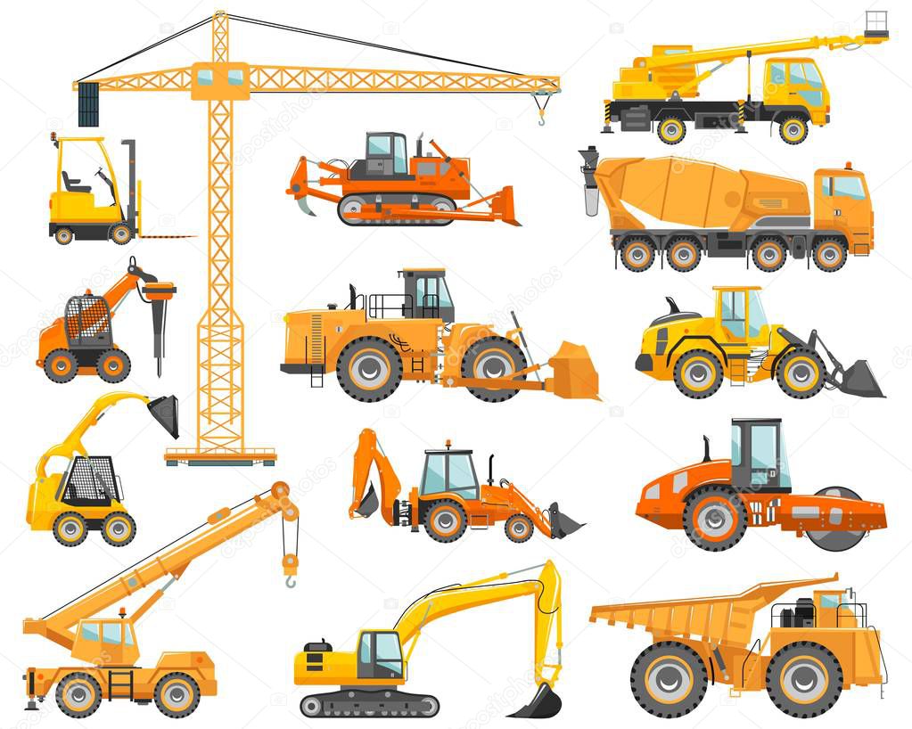 Set of detailed heavy construction and mining machines in flat style on the white background. Building machinery. Special equipment. Vector illustration