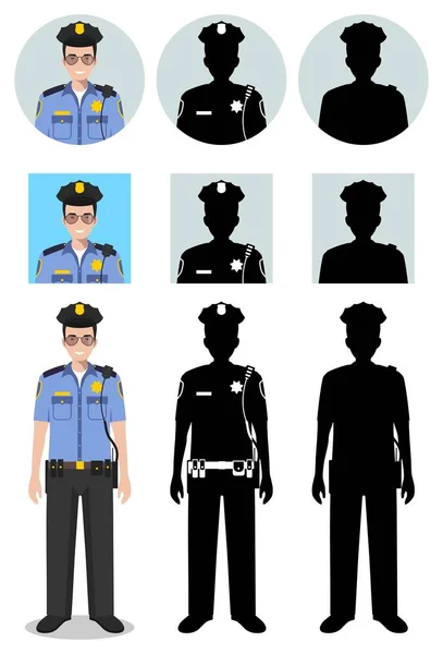 Polizei-Personenkonzept. Detaillierte Illustration und Silhouetten und Silhouetten von Offizier, Polizist und Sheriff in flachem Stil auf weißem Hintergrund. Unterschiede Menschen Charaktere Avatare Symbole. Vektor. — Stockvektor