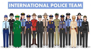Uluslararası polis insanlar kavramı. Swat memur, polis, polis ve Şerif beyaz arka plan üzerinde düz stil farklı ülkelerden detaylı Illustration. Vektör çizim.