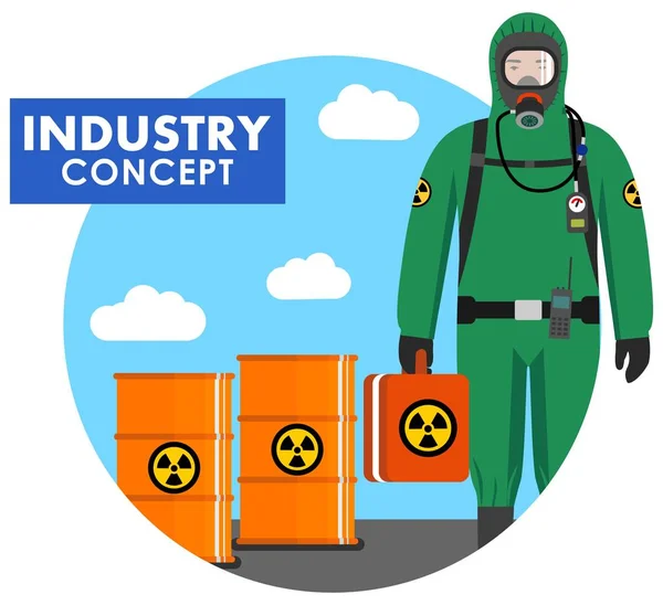 Industrin koncept. Detaljerad illustration av arbetare i skyddsdräkt på bakgrund av fat med kemiska, radioaktiva, giftiga, farliga ämnen i platt stil. Vektorillustration. — Stock vektor