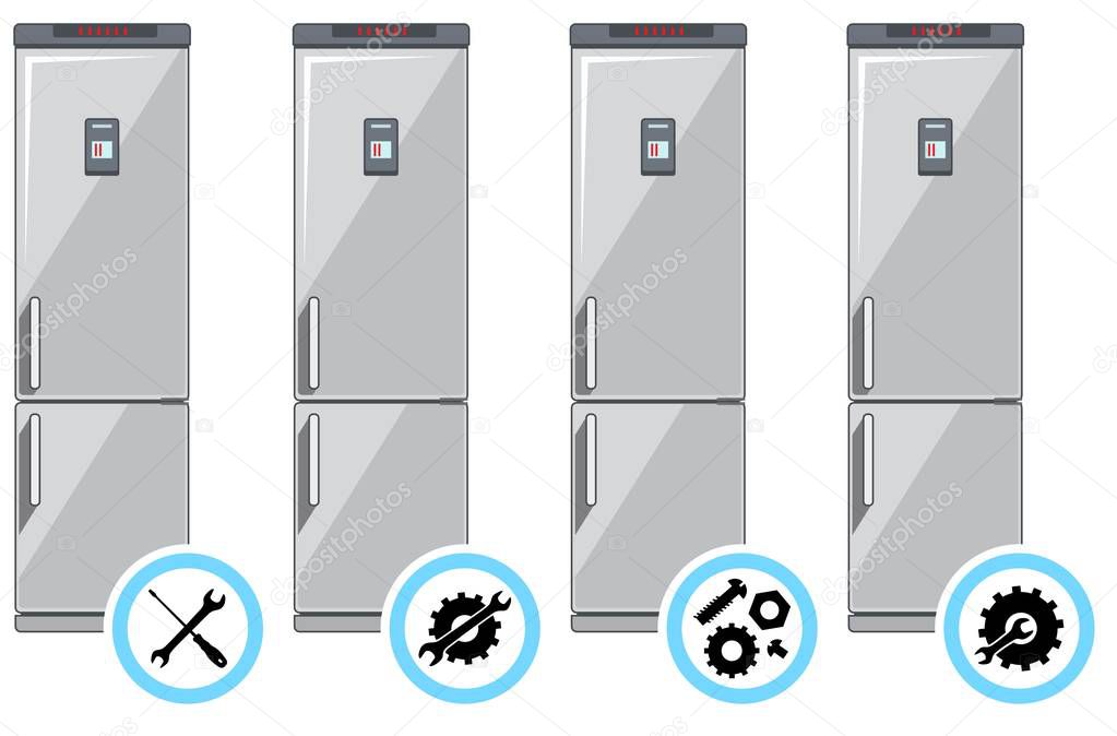 Repair service concept. Icons set: wrench, screwdriver, hammer, screw, nut, bolt and gear. Services icon or button isolated on white background. Mending of refrigerators. Vector illustration