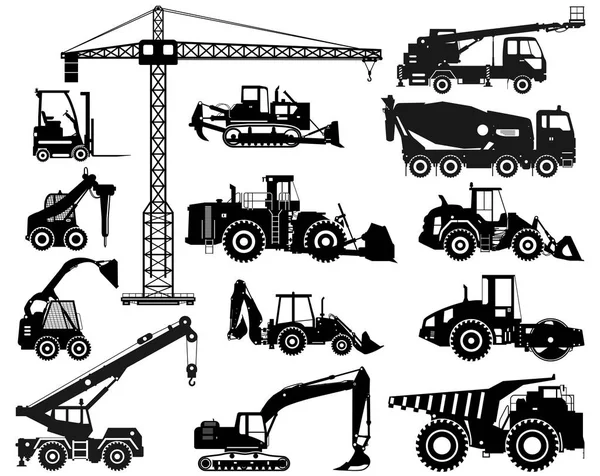 Set schwarzer Silhouetten schwere Bau- und Bergbaumaschinen im flachen Stil auf weißem Hintergrund. Baumaschinen. Spezialausrüstung. Vektorillustration — Stockvektor