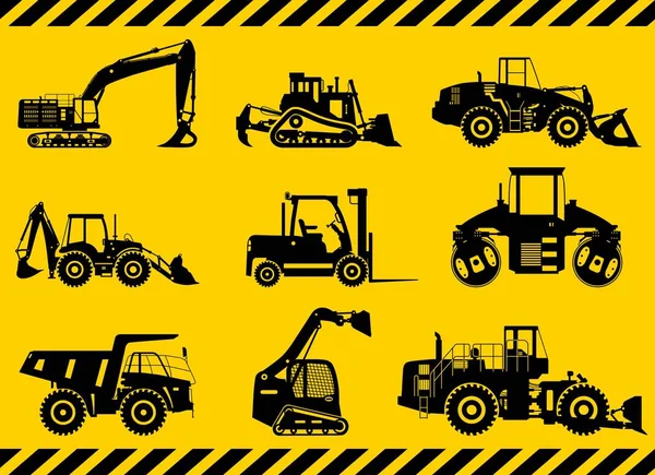 Set of black silhouettes heavy construction and mining machines in flat style on the yellow background. Building machinery. Special equipment. Vector illustration. — Stock Vector