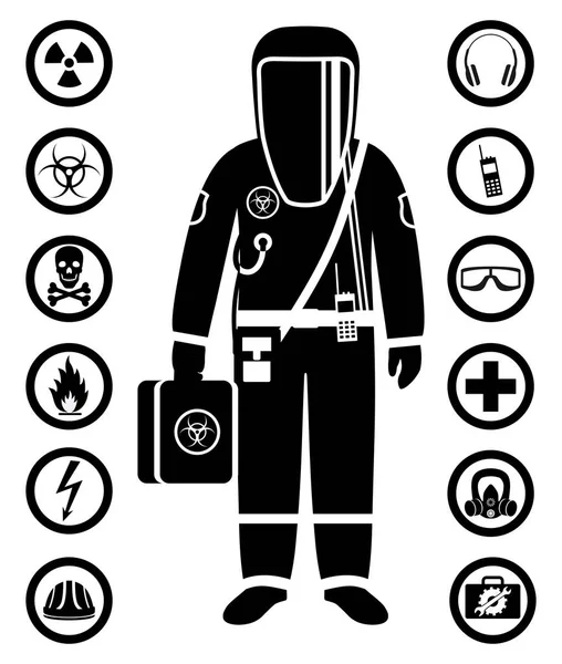 Koncepcja przemysłu. Czarne sylwetki pracownika w ubranie ochronne. Bezpieczeństwa i zdrowia wektor ikony. Zestaw znaków: chemiczne, radioaktywne, niebezpieczne, toksycznych, trujące, niebezpiecznych substancji. — Wektor stockowy
