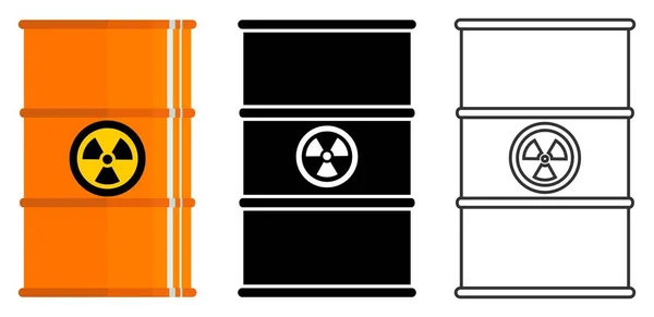 Промышленность. Набор различных бочек для радиоактивных, токсичных, опасных, легковоспламеняющихся и ядовитых веществ, выделенных на белом фоне в плоском стиле: цветной, черный силуэт и — стоковый вектор