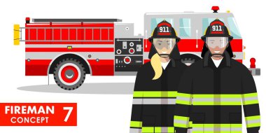 İtfaiyeci kavramı. Detaylı illüstrasyon itfaiyeci ve Tekdüzen ayakta beyaz arka plan üzerinde düz stil kamyonda yangın yakınındaki birlikte firewoman. Vektör çizim.
