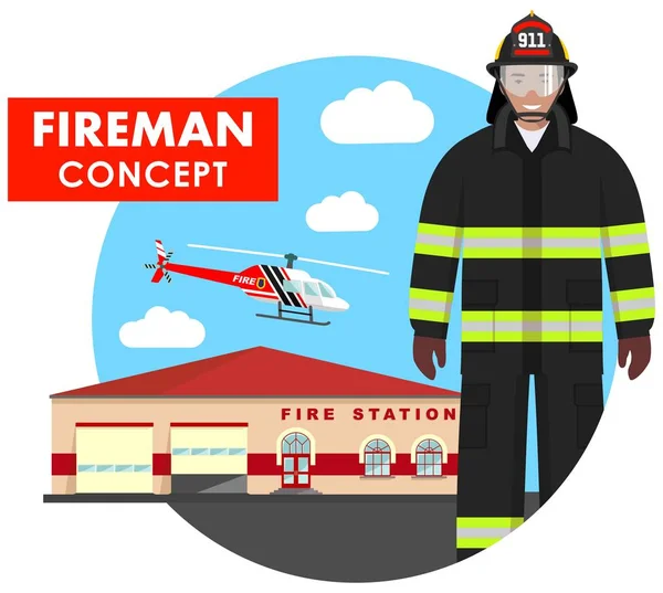 Concepto de bombero. Ilustración detallada de bombero en uniforme en el fondo con edificio de la estación de bomberos y helicóptero en estilo plano. Ilustración vectorial . — Vector de stock