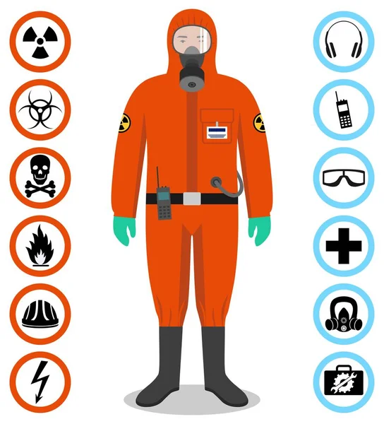 Koncepcja przemysłu. Szczegółowa ilustracja pracownika w orange ochronne garnitur. Bezpieczeństwa i zdrowia wektor ikony. Zestaw znaków: chemiczne, radioaktywne, niebezpieczne, toksycznych, trujące, niebezpiecznych substancji. — Wektor stockowy