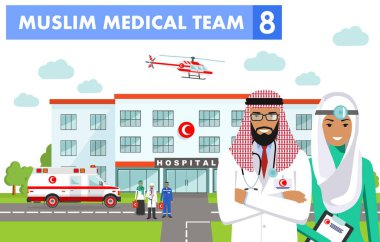 Tıbbi kavramı. Müslüman Arap Doktor, hemşire, helikopter, ambulans araba ve hastane izole düz stilde inşa detaylı Illustration. Uygulayıcı Arap doktorlar erkek ve kadın ayakta.