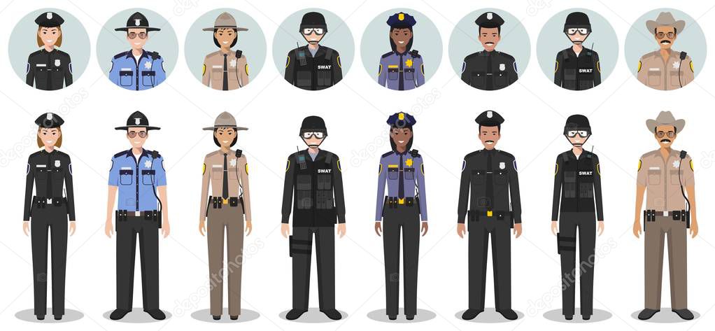 Police people concept. Set of different detailed illustration and avatars icons of SWAT officer, policeman, policewoman and sheriff in flat style on white background. Vector illustration.