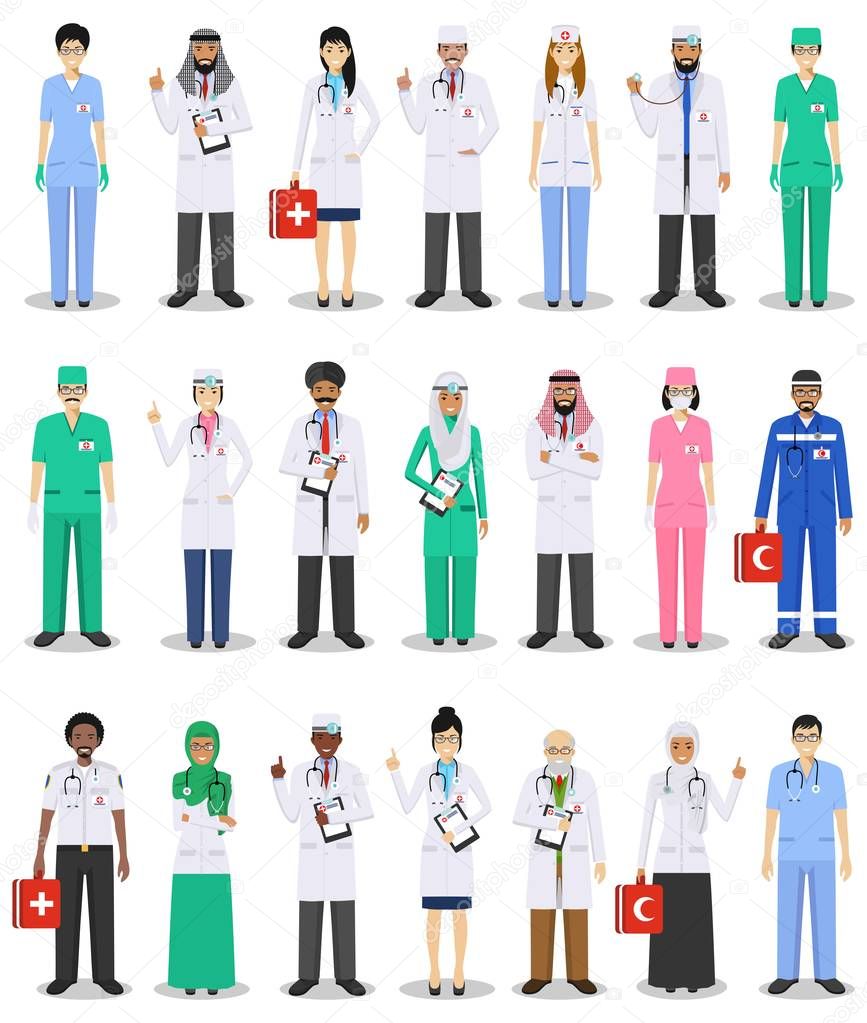 International medical concept. Detailed illustration of doctor and nurses in flat style isolated on white background. Practitioner doctors man and woman standing in different positions. Vector.