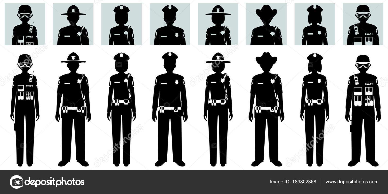 Polizeibegriff Menschen. Reihe von verschiedenen schwarzen Silhouetten