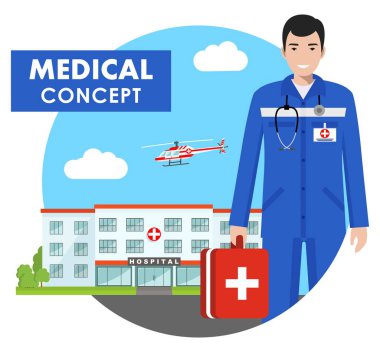 Tıbbi kavramı. Acil doktor hastane zemin üzerine Üniformalı erkeklere ve düz stil uçan helikopter detaylı Illustration. Vektör çizim.