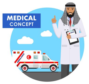 Tıbbi kavramı. Müslüman doktor ambulans araba düz tarzı ile arka plan üzerinde Üniformalı erkeklere detaylı Illustration. Vektör çizim.