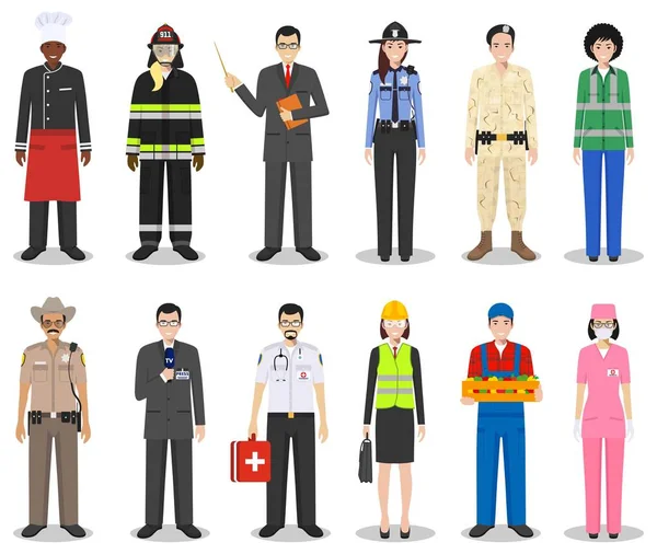 People occupation characters set in flat style isolated on white background. Different men and women professions characters standing together. Templates for infographic, sites, social networks. Vector — Stock Vector