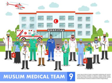 Tıbbi kavramı. Müslüman Arap Doktor, hemşire, helikopter, ambulans araba ve beyaz arka plan üzerinde düz tarzı bina hastane detaylı Illustration. Duran Uygulayıcı Arapça doktor.