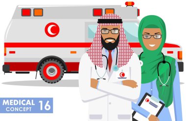 Tıbbi kavramı. Müslüman Arap Paramedik adam, acil Doktor, hemşire ve ambulans araba beyaz arka plan üzerinde düz stilde detaylı Illustration. Vektör çizim.