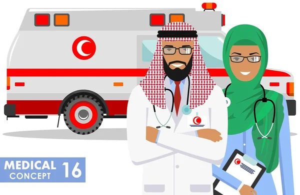 Tıbbi kavramı. Müslüman Arap Paramedik adam, acil Doktor, hemşire ve ambulans araba beyaz arka plan üzerinde düz stilde detaylı Illustration. Vektör çizim. — Stok Vektör