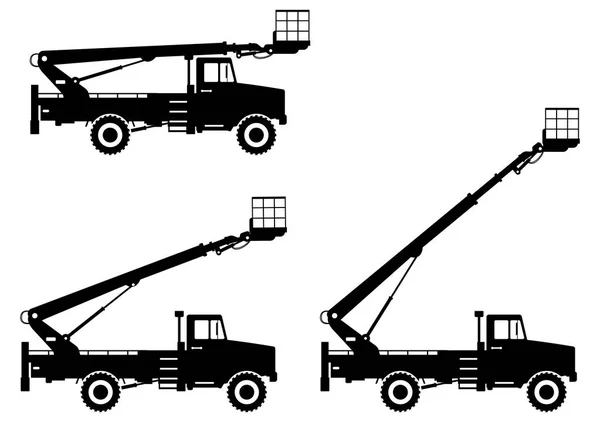 Silhouette of aerial platform truck with different boom position. Heavy construction machine. Building machinery. Special equipment. Vector illustration. — Stock Vector