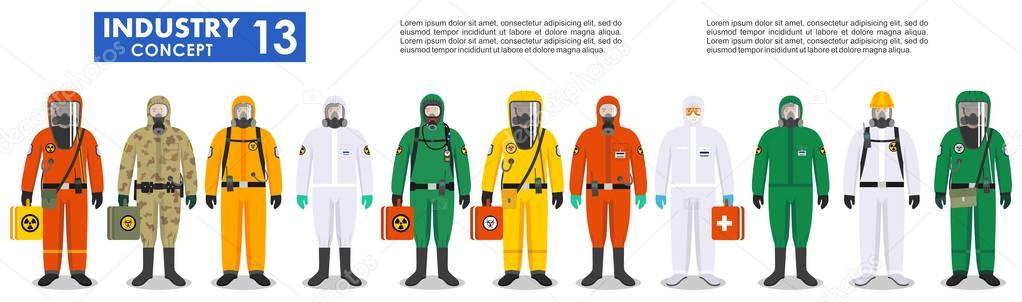 Chemical industry concept. Group different workers in differences protective suits standing together in row on white background in flat style. Dangerous profession. Vector illustration.