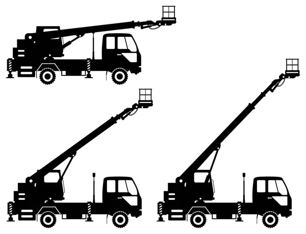 Silhouette of aerial platform truck with different boom position. Heavy construction machine. Building machinery. Special equipment. Vector illustration. — Stock Vector