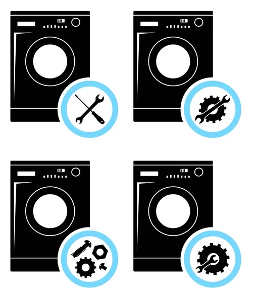 Concetto di riparazione. Set di icone semplici: chiave inglese, cacciavite, martello e ingranaggi. Riparazione di lavatrice. Illustrazione vettoriale . — Vettoriale Stock