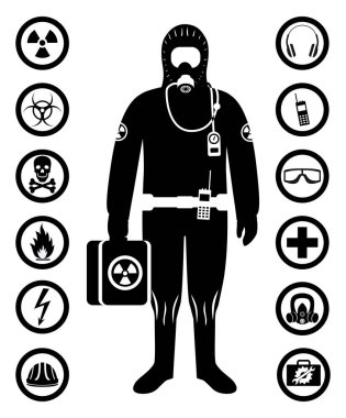 Industry concept. Black silhouette of worker in protective suit. Safety and health vector icons. Set of signs: chemical, radioactive, dangerous, toxic, poisonous, hazardous substances. Vector. clipart