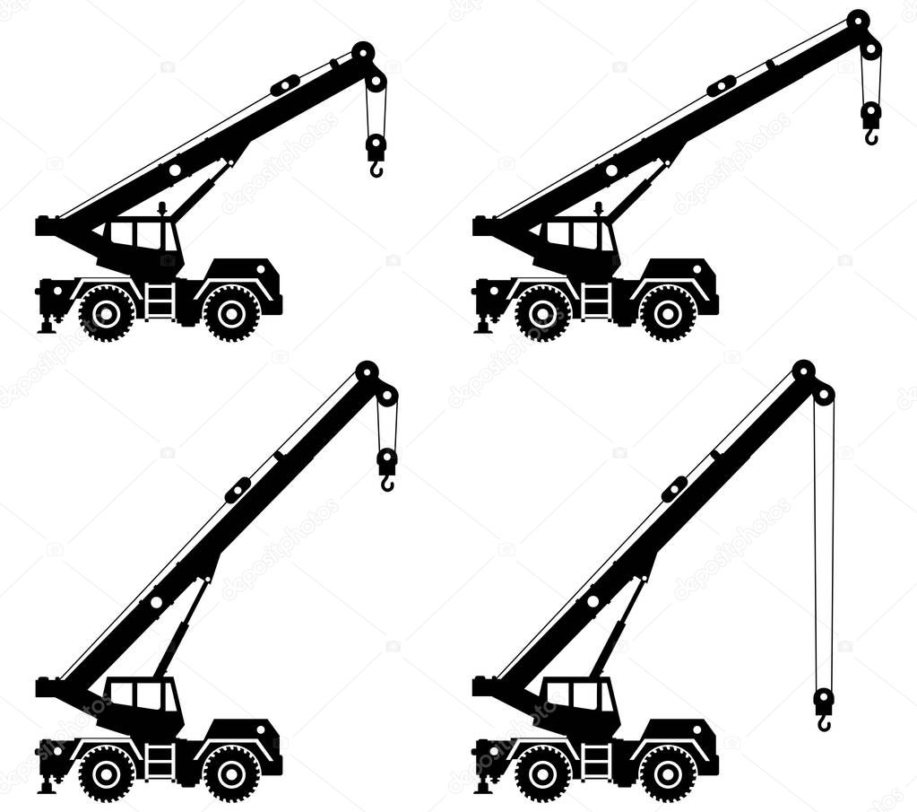 Silhouette of building crane truck with different boom position. Heavy special equipment and machinery. Construction machine. Vector illustration.