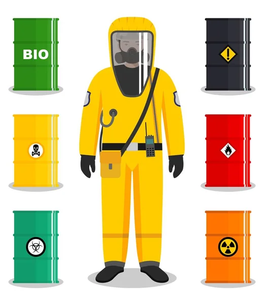 Concepto industrial. Ilustración detallada del trabajador en traje protector. Barriles metálicos para sustancias petrolíferas, biocombustibles, explosivas, químicas, radiactivas, tóxicas, peligrosas, peligrosas, inflamables y venenosas . — Archivo Imágenes Vectoriales