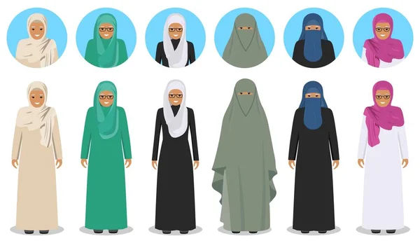 Zestaw różnych stojący arab stare kobiety w tradycyjne stroje Muzułmańskie arabski w płaski. Odzież muzułmańskich, arabski, wschód arabian sukienka. Różnice islamskiego ludzie postacie awatary ikony. — Wektor stockowy