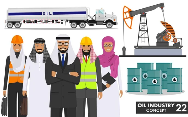 Olie industrie concept. Gedetailleerde illustratie van benzine vrachtwagen, oliepomp, metalen vaten, Arabische moslim zakenman en zakenvrouw in vlakke stijl op witte achtergrond. Vectorillustratie. — Stockvector